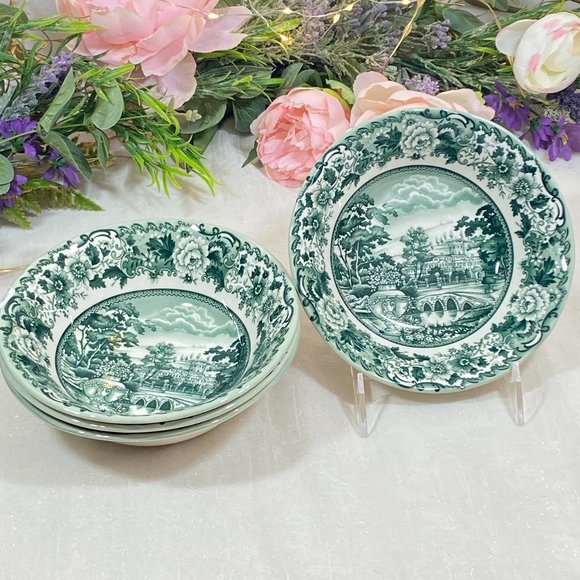 LEGEND British Heritage Earthenware Belmont Garden Toile Green Bowls Set 4 - Picture 1 of 4